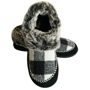 Kooba Black and White Check Fabric Faux Fur Slippers Size Large